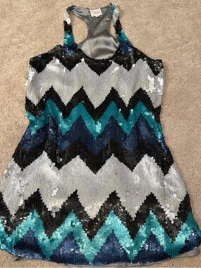 Sequined Chevron Racerback Tank in Silver, Teal & Black